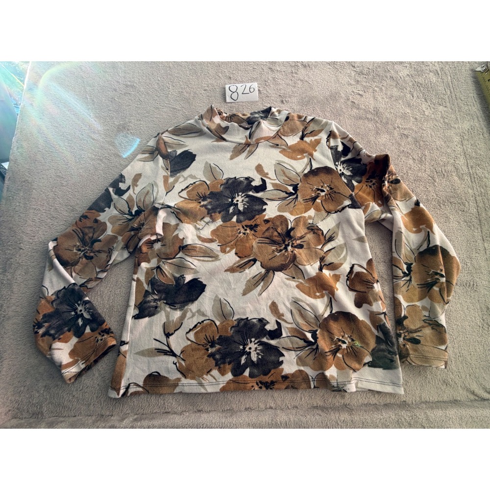 TanJay Floral Mock Neck Top Petites Medium Brown Tan Long Sleeve Knit
